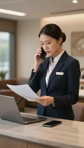 Receptionist Making A Phone Call In A Hotel Conference Center At Professional