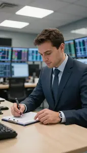 Regional Manager Writing A Business Proposal In A Financial Trading Floor At