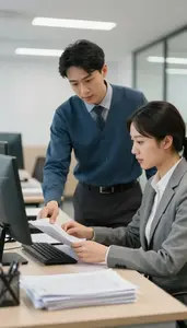 Restaurant Manager Mentoring A Junior Colleague In A Human Resources Office