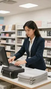 Retail Sales Associate Arranging Merchandise Displays In At A Customer Service