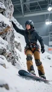 Rock Climbing Instructor Snowboarding Down A Mountain On A Ski Slope In The