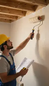 Roofer Painting A Wall With On A Roof Under Repair At Work Location