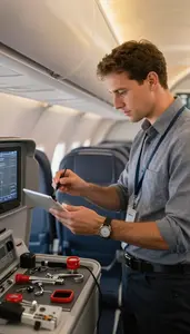 Route Planner Conducting A Pre Flight In An Airplane Passenger Cabin At Work