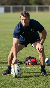 Rugby Coach Railing A Rugby Ball On A Rugby Field In Professional Atmosphere