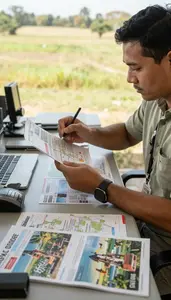 Safari Guide Planning A Tour Itinerary In A Travel Planning Office In