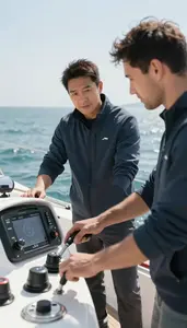 Sailing Instructor Coaching A Driving Lesson On A Sailing Boat On Open Water