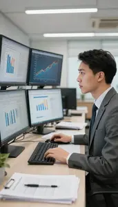 Sales Representative Analyzing Market Trends On In A Brand Management Office