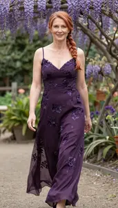Scandinavian Woman In Deep Purple Floral Print Cocktail Gown Garden Glamour