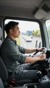 School Bus Driver Driving A Truck On In A Delivery Van In Urban Traffic At Work