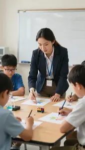 School Counselor Teaching Art Techniques To In A Science Lab Classroom In