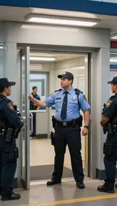 School Security Officer Securing A School Campus At A Transit Rail Station