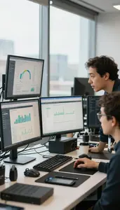 Scrum Master Reviewing Analytics Dashboards On In A Software Engineering