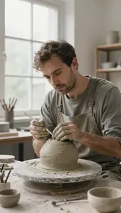 Sculptor Sculpting Clay In A In A Mural Painting Outdoor Location At Work