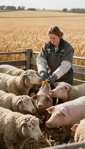 Sheep Farmer Feeding Pigs In A In An Expansive Agricultural Wheat Field At
