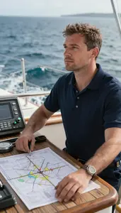 Ship Captain Captaining A Yacht On On A Ferry Deck Crossing Water At Work Today