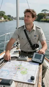 Ship Captain Navigating A Boat Through On A Sailing Boat Deck At Workplace