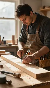 Shipwright Carving Wood With Hand In A Woodworking Carpentry Workshop In