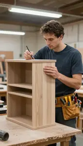 Shipwright Crafting A Custom Cabinet In A Furniture Making Workshop At Work