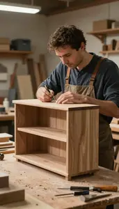 Shipwright Crafting A Custom Cabinet In A Furniture Making Workshop At