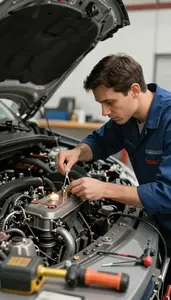 Shoe Repair Technician Diagnosing A Vehicle Engine In An Auto Repair Garage