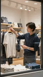 Shop Assistant Creating Visual Window Displays In A Retail Clothing Store In