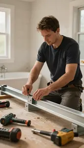 Siding Installer Assembling Steel Beams On In A Home Bathroom Being Renovated