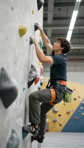 Snowboard Instructor Bouldering On An Indoor At An Indoor Bouldering Gym In