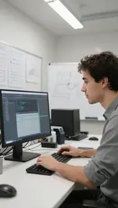 Software Developer Running Automated Tests On In A Design Studio Workspace At