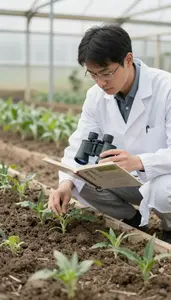 Soil Scientist Breeding New Crop Varieties In A Crop Research Plot At