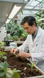 Soil Scientist Studying Plant Specimens In In A Botanical Garden Greenhouse