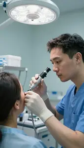 Sonographer Examining A Patients Ears In A Cardiac Care Monitoring Unit At