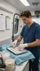 Sonographer Preparing Medical Instruments On In A Mobile Health Clinic Van In