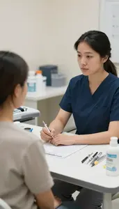 Sonographer Taking A Patient Medical In A Pediatric Clinic Waiting Area In