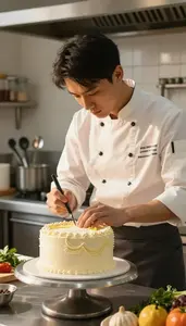 Sous Chef Decorating A Cake With In A Restaurant Gourmet Kitchen At Professional
