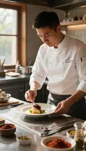 Sous Chef Plating A Gourmet Dish At A Restaurant Grill Station At Workplace