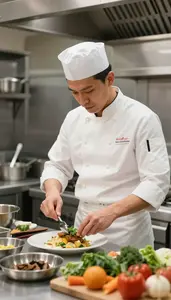 Sous Chef Preparing Dishes In A In A Restaurant Kitchen During Service In