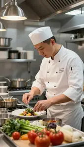 Sous Chef Preparing Dishes In A In A Restaurant Kitchen During Service At