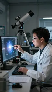 Space Scientist Modeling Cosmic Phenomena On In An Astronomical Observatory