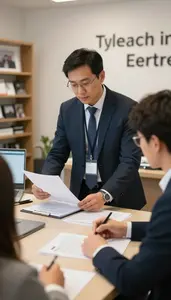 Stockbroker Coaching A Team Member In A Real Estate Office Showroom At Workplace