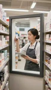 Store Clerk Creating Visual Window Displays In A Retail Product Aisle In