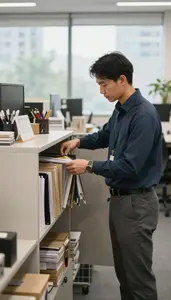 Store Manager Organizing Files In An In A Sales Team Open Office Area In
