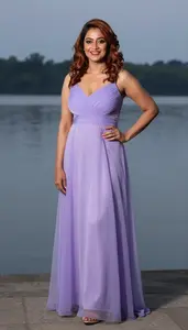 Stunning Indian Woman In Lavender Sheer Overlay Cocktail Gown Sunset Photography