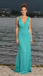 Stunning Mediterranean Woman In Turquoise Bohemian Cocktail Gown Sunset
