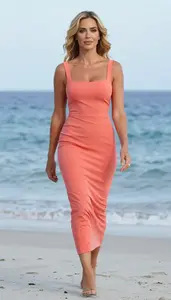 Stunning Olive Skinned Woman In Coral Polished Cocktail Gown Resort Photography