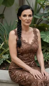 Stunning Scandinavian Woman In Bronze Lace Cocktail Gown Garden Photography