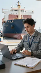 Supply Chain Manager Unloading A Ship At In A Port Operations Control Center