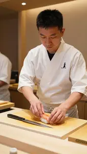 Sushi Chef Serving Sushi With Precision At A Sushi Bar Counter At Professional