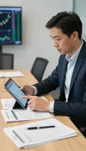 Talent Acquisition Specialist Reviewing Quarterly Reports On A Stock Brokerage