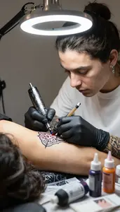 Tattoo Artist Creating A Temporary Tattoo In A Tattoo Art Studio At Professional