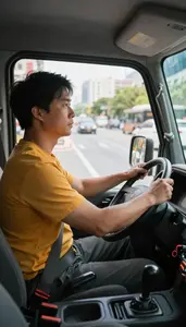 Taxi Driver Driving A Taxi Through On A Postal Delivery Route At Professional